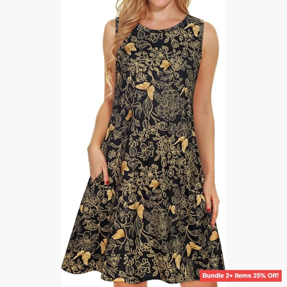 Sleeveless Floral Sundress with Pockets, Loose Fit, Cotton Blend, Size S-3XL